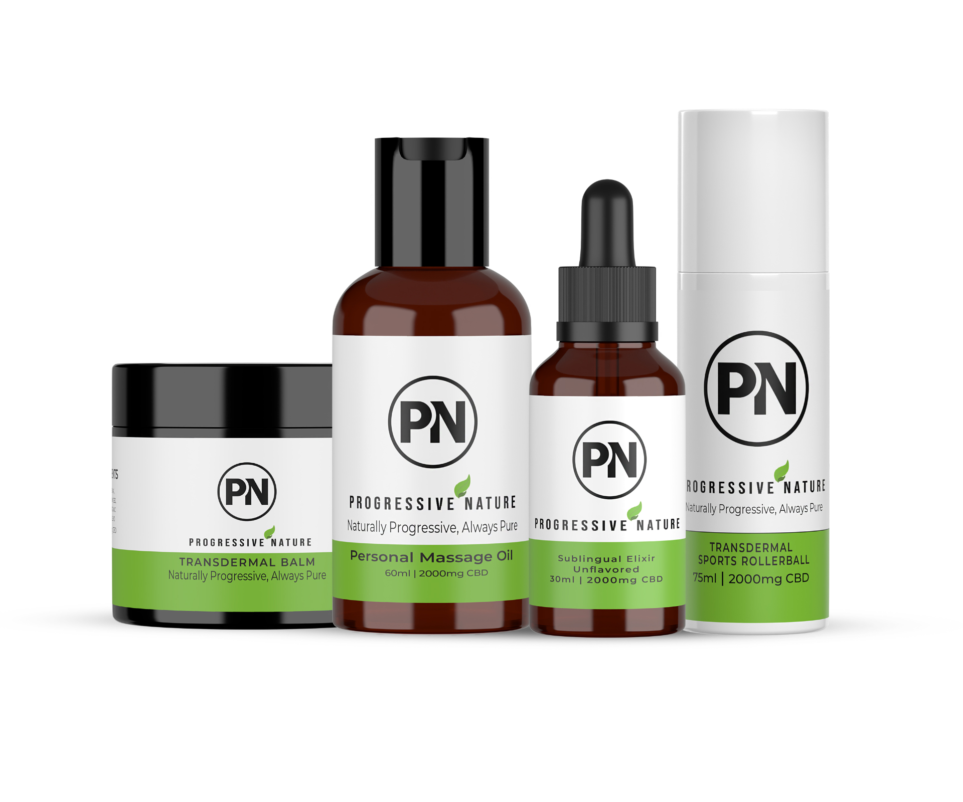 Progressive Nature full product collection - Transdermal Balm, Personal Massage Oil, Sublingual Elixir, and Sports Rollerball