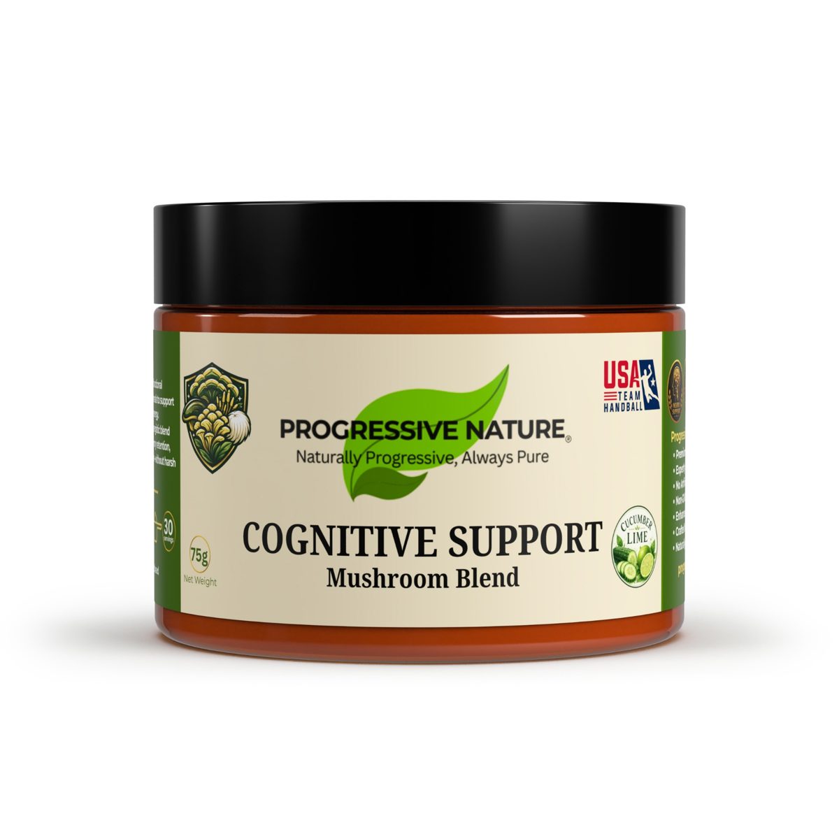 Progressive Nature Cognitive Support Mushroom Blend jar, 75g cucumber lime nootropic mushroom powder supplement