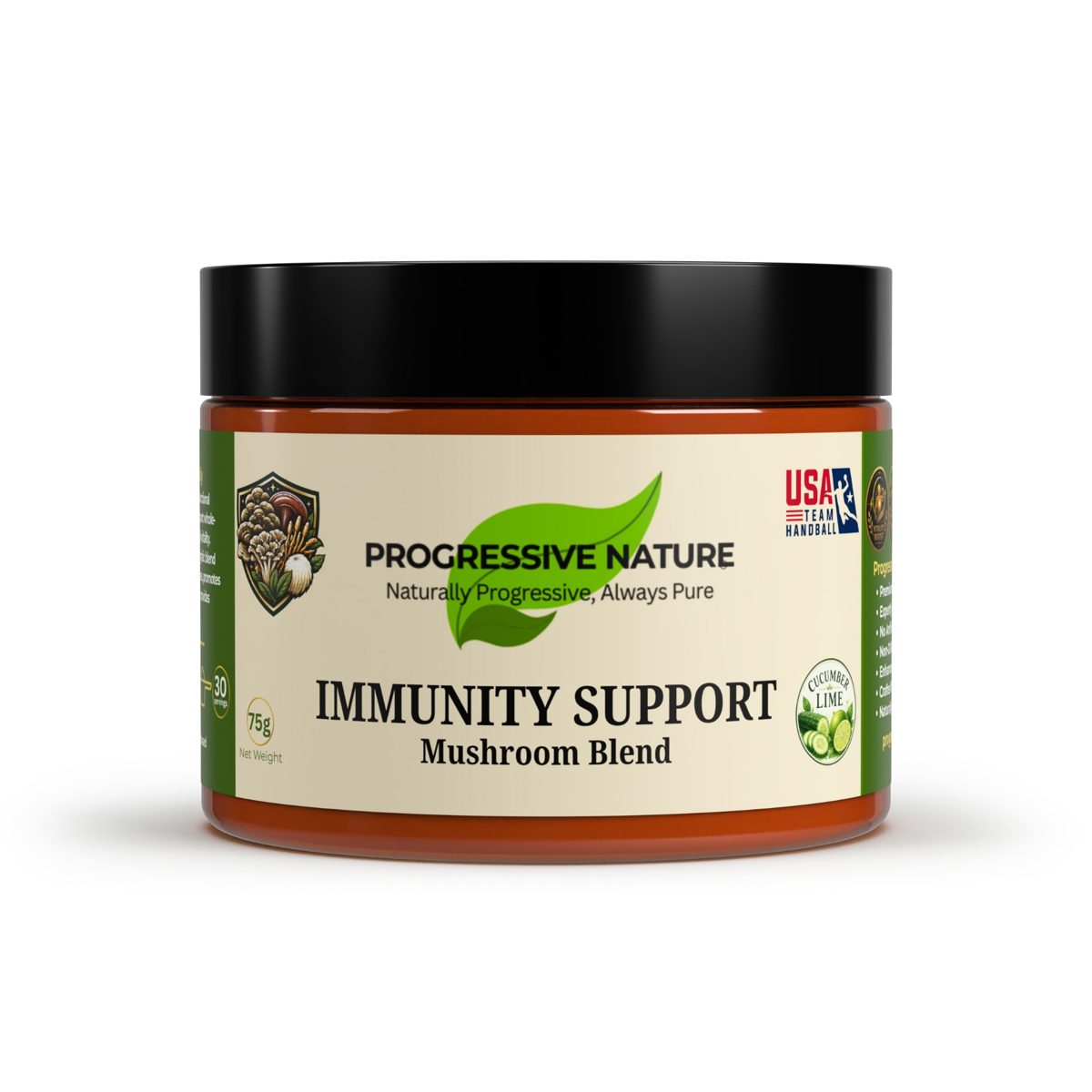 Progressive Nature Immunity Support Mushroom Blend jar, 75g cucumber lime functional mushroom powder supplement